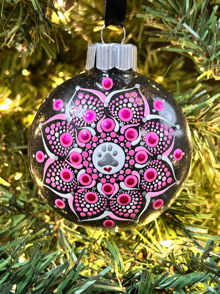 Dot Mandala Hand Painted Paw Print Christmas Ornament - 3" plastic flat bulb - pinks on black glitter