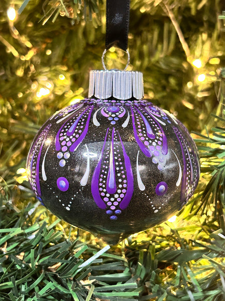 Dot Mandala Hand Painted Christmas Ornament - 2.5" plastic “onion” shaped bulb - purple