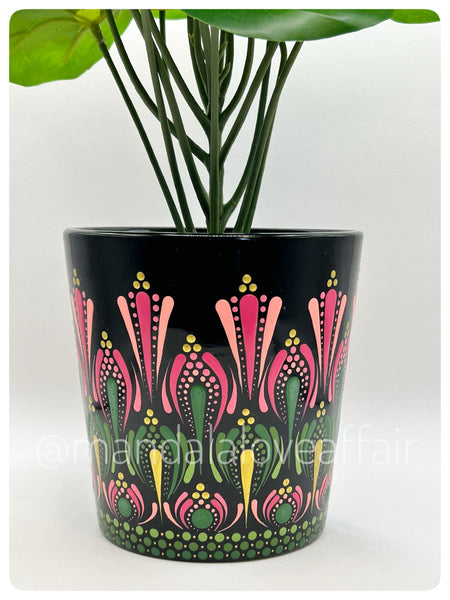 Dot Mandala Flower Pot - Pink Garden Wrap Around Design - Hand Painted