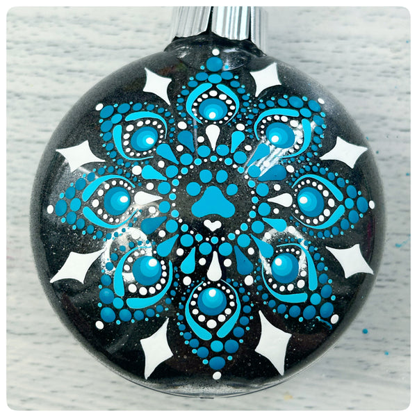 Dot Mandala Hand Painted Paw Print Christmas Ornament - 3" plastic flat bulb - teal/white on black glitter