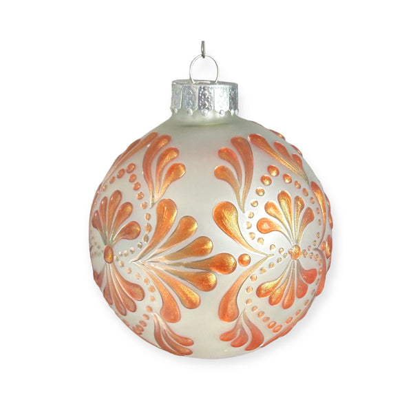 Hand Painted Dot Mandala Christmas Ornament - 3.1” glass bulb - orange/gold metallic