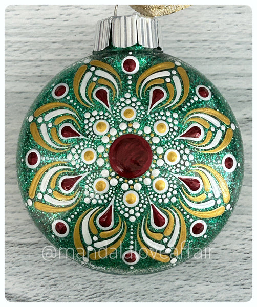 Dot Mandala Hand Painted Christmas Ornament - 3" plastic flat bulb - red/white/gold on green glitter