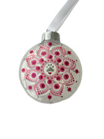 Dot Mandala Hand Painted Paw Print Christmas Ornament - 3" plastic flat bulb - pinks on white glitter