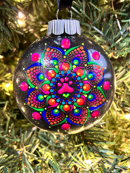 Dot Mandala Hand Painted Christmas Ornament - 3" plastic flat bulb -