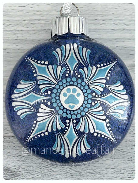 Dot Mandala Hand Painted Paw Print Christmas Ornament - 3" plastic flat bulb - icy blue/white on royal blue glitter