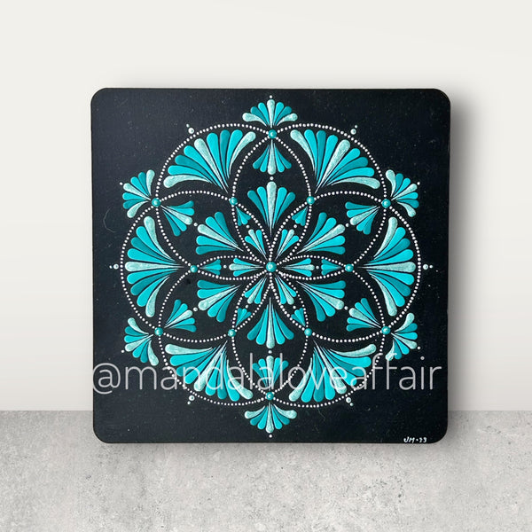 8" Square Dot Mandala - Teal Seed of Life, Hand Painted