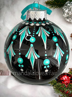 Dot Mandala Christmas Ornament - 2.5” glass bulb (Teal & white Diamonds on Black Glass)