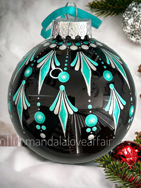 Dot Mandala Christmas Ornament - 2.5” glass bulb (Teal & white Diamonds on Black Glass)