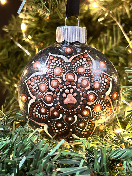 Dot Mandala Hand Painted Paw Print Christmas Ornament - 3" plastic flat bulb - neutral metallics on black glitter