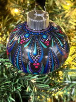 Dot Mandala Hand Painted Christmas Ornament - 2.5" plastic “onion” shaped bulb - teal