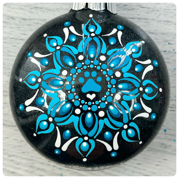 Dot Mandala Hand Painted Paw Print Christmas Ornament - 3" plastic flat bulb - teal/white on black glitter