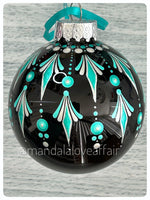 Hand Painted Dot Mandala Christmas Ornament - 2.5” glass bulb (Teal/White Pearl on Black glass)