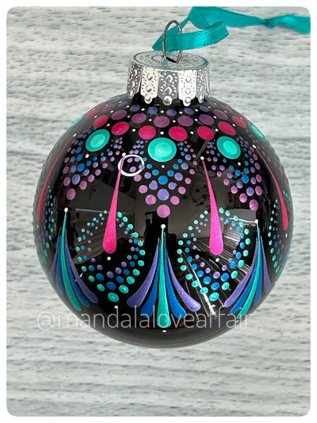 Hand Painted Dot Mandala Christmas Ornament - 2.5” glass bulb (Teal/Pink/Purple on Black glass)