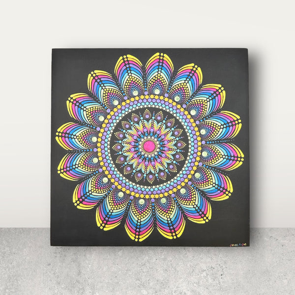 14" Square Wood Panel - Hand Painted Dot Mandala - Sour Candy