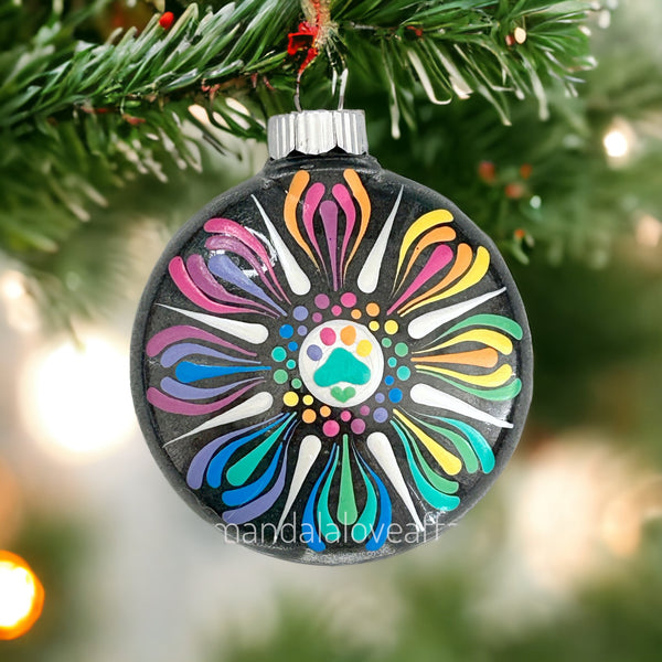 Dot Mandala Hand Painted Paw Print Christmas Ornament - 2.5”plastic flat bulb - rainbow metallic on black glitter