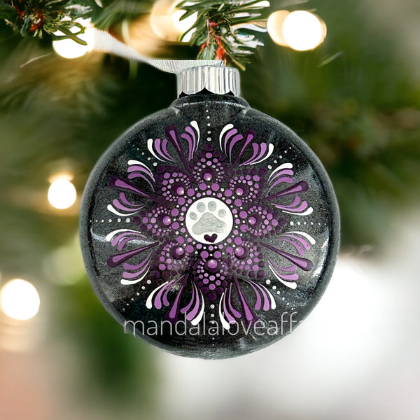 Dot Mandala Hand Painted Paw Print Christmas Ornament - 2.5”plastic flat bulb - purple on black glitter