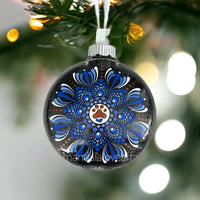 Dot Mandala Hand Painted Paw Print Christmas Ornament - 2.5”plastic flat bulb - blue on black glitter