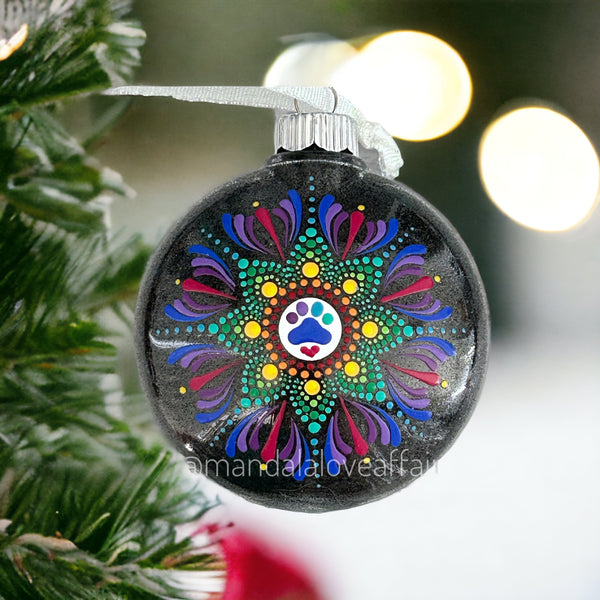 Dot Mandala Hand Painted Paw Print Christmas Ornament - 2.5”plastic flat bulb - rainbow 🌈 on black glitter