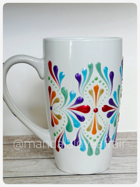 Hand Painted Dot Mandala Bliss Mug - 15 oz (Rainbow)