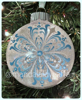 Dot Mandala Hand Painted Christmas Ornament - 3" plastic flat bulb - blue/periwinkle/silver on white glitter