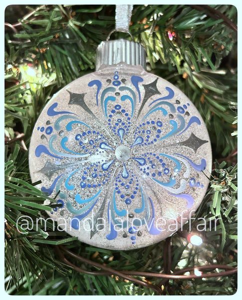 Dot Mandala Hand Painted Christmas Ornament - 3" plastic flat bulb - aqua/white on white glitter