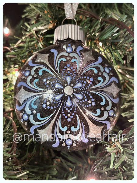 Dot Mandala Hand Painted Christmas Ornament - 3" plastic flat bulb - blue/periwinkle/silver on black glitter