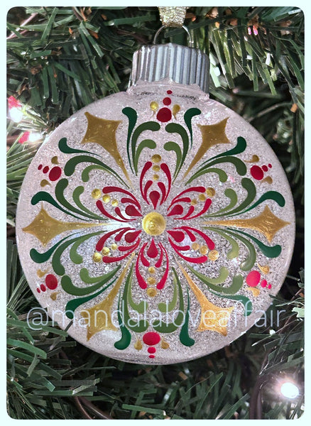 Dot Mandala Hand Painted Christmas Ornament - 3" plastic flat bulb - red/green/gold on white glitter