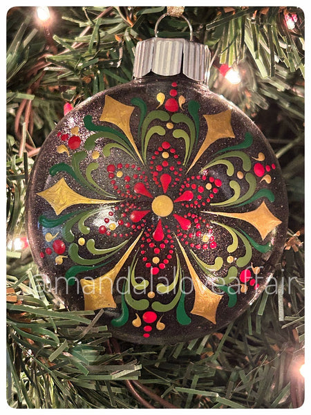 Dot Mandala Hand Painted Christmas Ornament - 3" plastic flat bulb - red/green/gold on black glitter