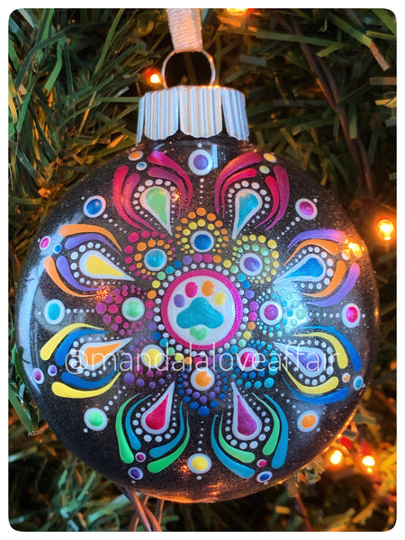 Dot Mandala Hand Painted Paw Print Christmas Ornament - 3" plastic flat bulb - rainbow metallics on black glitter
